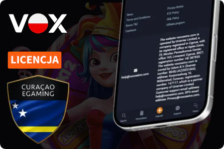 Licencjonowane kasyno online Vox Casino z certyfikatem Curaçao eGaming gwarantujące bezpieczną i legalną grę