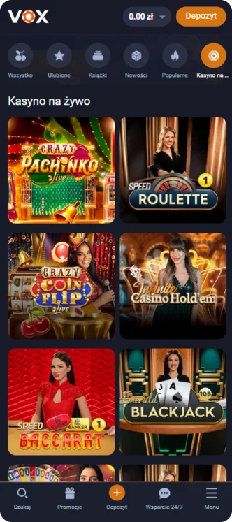 Kasyno na żywo Vox Casino z grami takimi jak ruletka, blackjack, baccarat, poker i Crazy Time