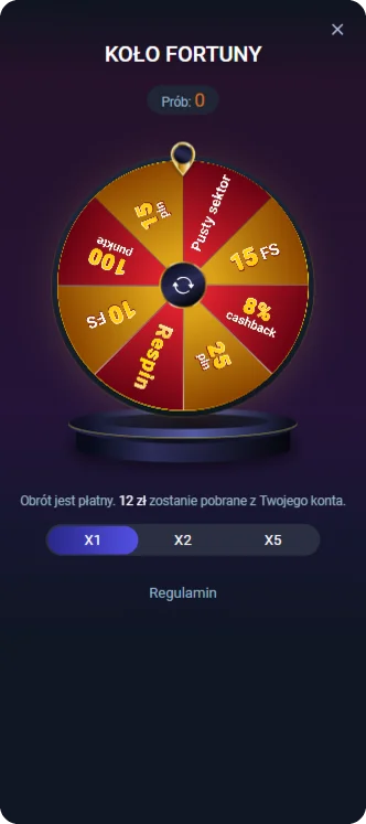 Koło Fortuny Vox Casino z nagrodami takimi jak darmowe spiny, cashback i respin - zakręć, aby wygrać bonusy.