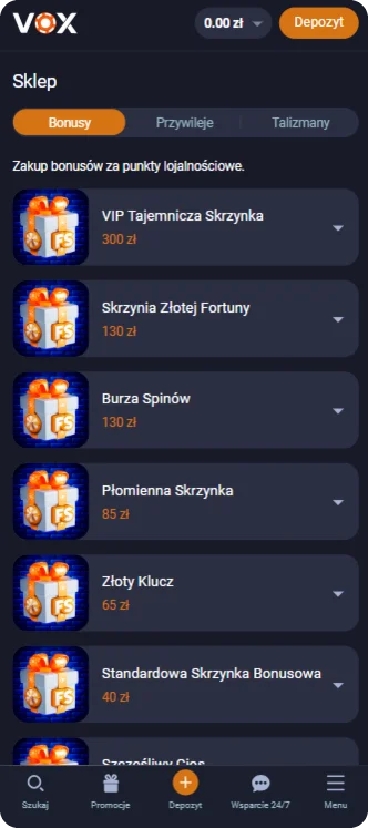Sklep bonusów Vox Casino z tajemniczymi skrzynkami, darmowymi spinami i nagrodami za punkty lojalnościowe.